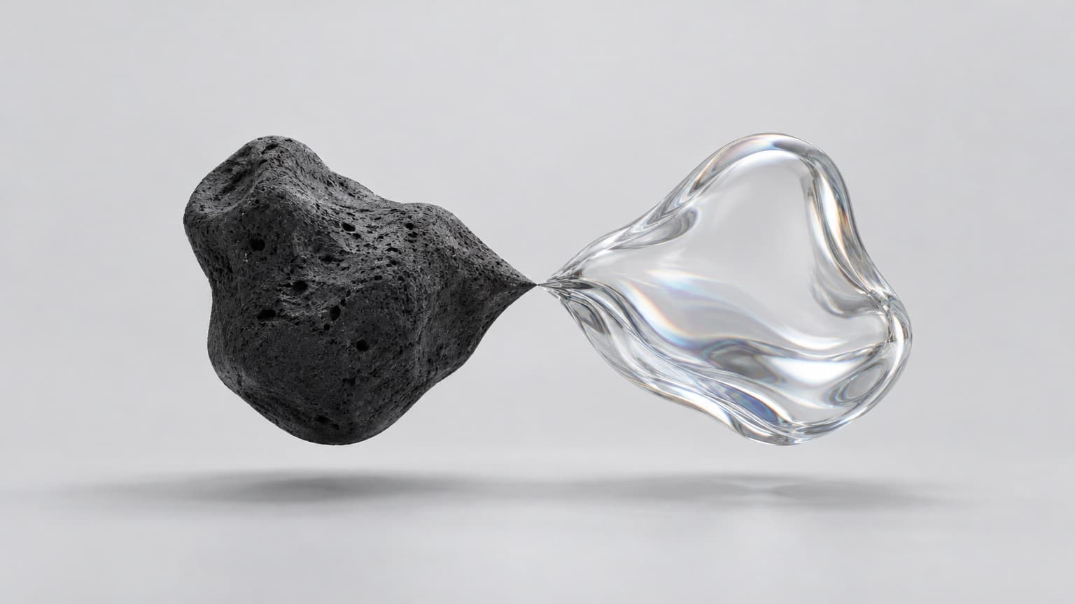 A porous black stone and a fluid glass form touching at a single point.